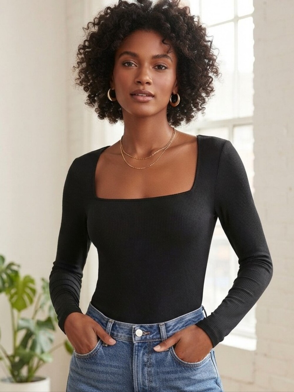 House Of Harlow 1960 Long Sleeve Ribbed Body Suit Black Sz XS Square Neckline